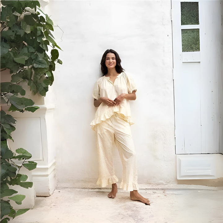 NEVERLAND™ - Casual Plaid Puff Sleeve Top and Pants Set